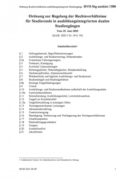 1580 Ordnung Rechtsverhältnisse ausbildungsintegrierte Studiengänge