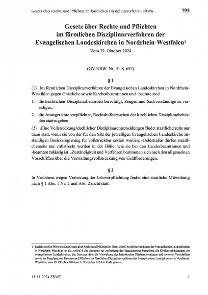 792 Gesetz über Rechte und Pflichten im förmlichen Disziplinarverfahren EKvW