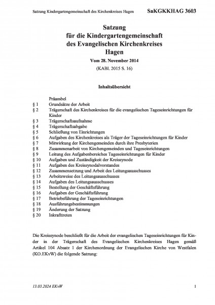 3603 Satzung Kindergartengemeinschaft des Kirchenkreises Hagen