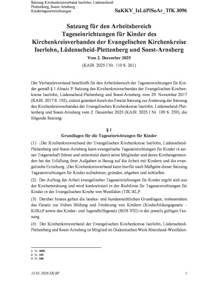 3096 Satzung Kirchenkreisverband Iserlohn, Lüdenscheid-Plettenberg, Soest-Arnsberg – Kindertageseinr