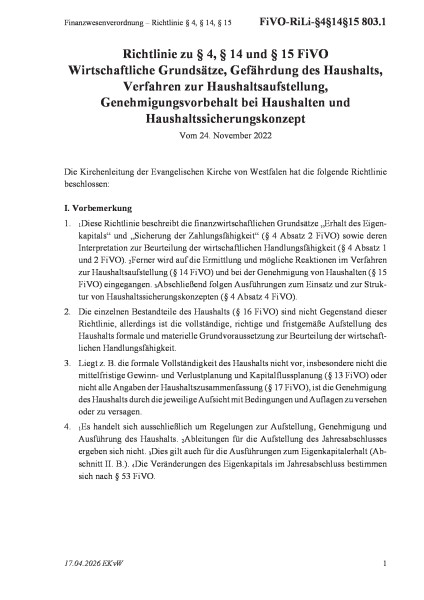 803.1 Finanzwesenverordnung – Richtlinie § 4, § 14, § 15