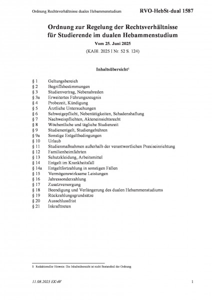 1587 Ordnung Rechtsverhältnisse duales Hebammenstudium
