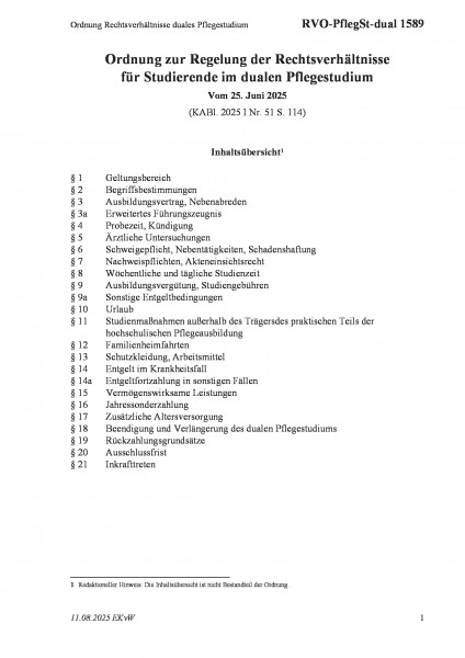 1589 Ordnung Rechtsverhältnisse duales Pflegestudium