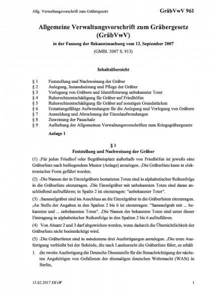 961 Allg. Verwaltungsvorschrift zum Gräbergesetz